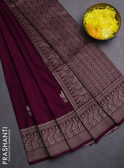 Semi soft silk saree wine shade with zari woven buttas and zari woven border