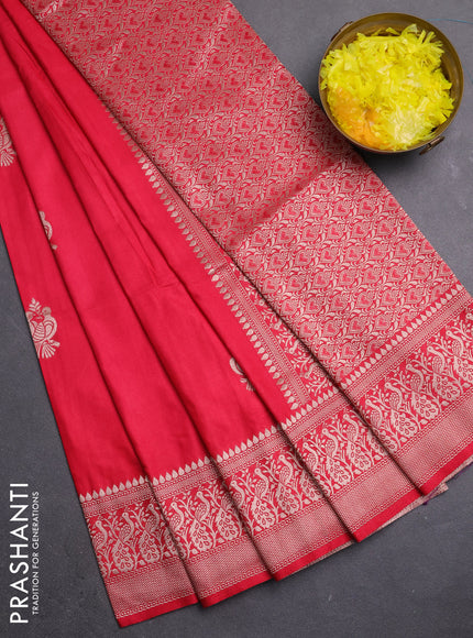 Semi soft silk saree red with zari woven buttas and zari woven border