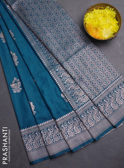 Semi soft silk saree peacock green with zari woven buttas and zari woven border