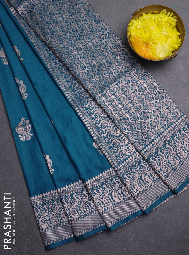Semi soft silk saree peacock green with zari woven buttas and zari woven border