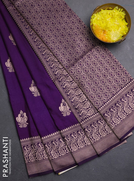 Semi soft silk saree deep purple with zari woven buttas and zari woven border
