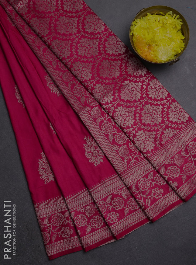 Semi soft silk saree dark pink with zari woven buttas and zari woven border
