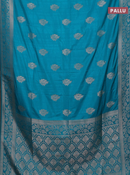 Semi soft silk saree teal blue shade with zari woven buttas and zari woven border