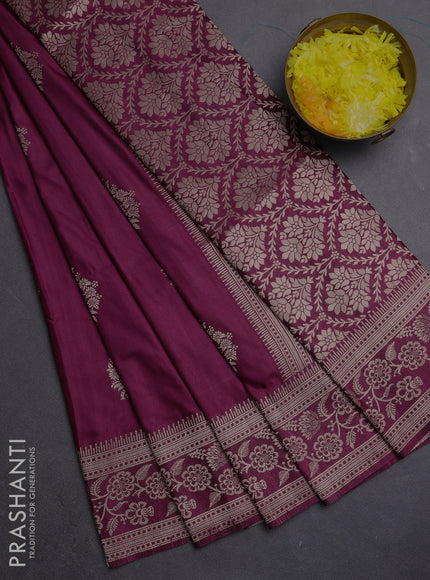 Semi soft silk saree wine shade with zari woven buttas and zari woven border