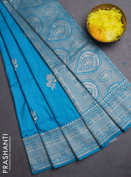Semi soft silk saree teal blue with zari woven buttas and zari woven border