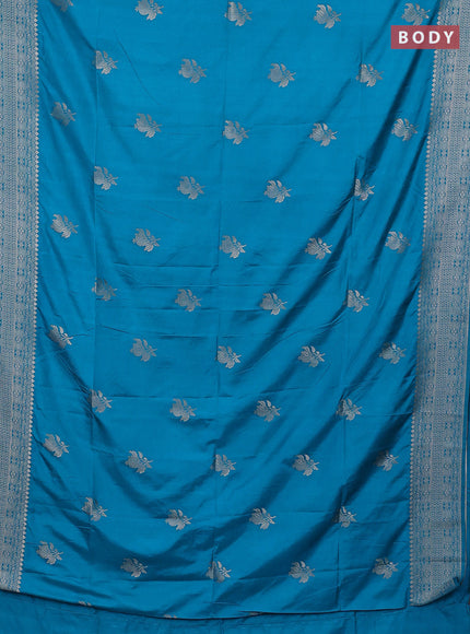 Semi soft silk saree teal blue with zari woven buttas and zari woven border