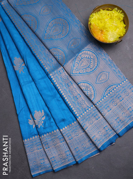 Semi soft silk saree peacock blue with zari woven buttas and zari woven border