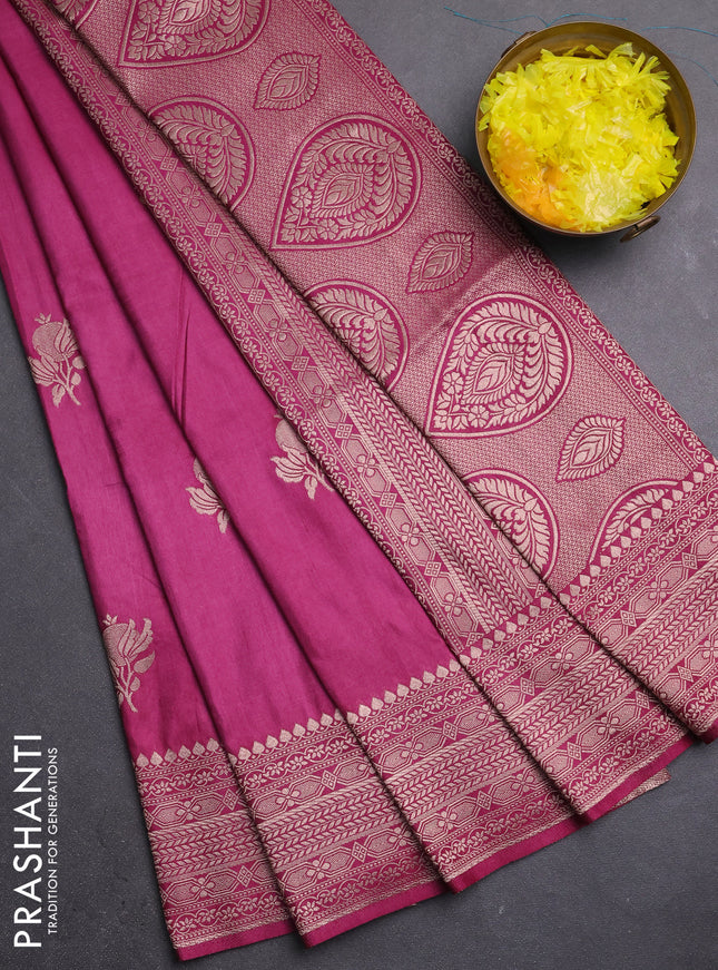 Semi soft silk saree magenta pink with zari woven buttas and zari woven border