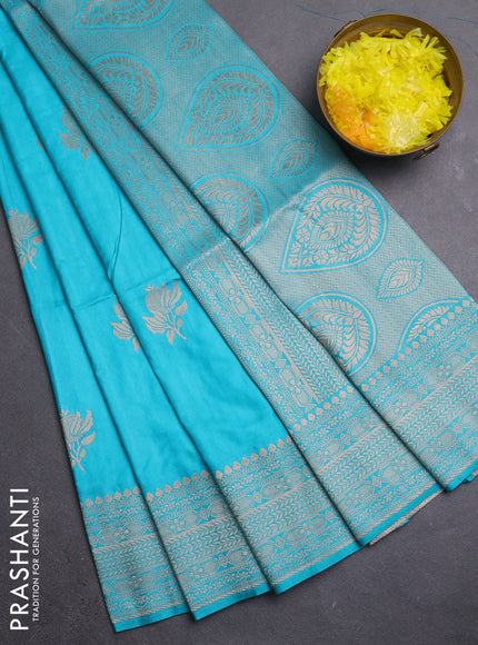 Semi soft silk saree teal green with zari woven buttas and zari woven border