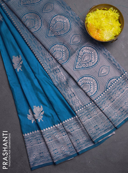 Semi soft silk saree cs blue with zari woven buttas and zari woven border