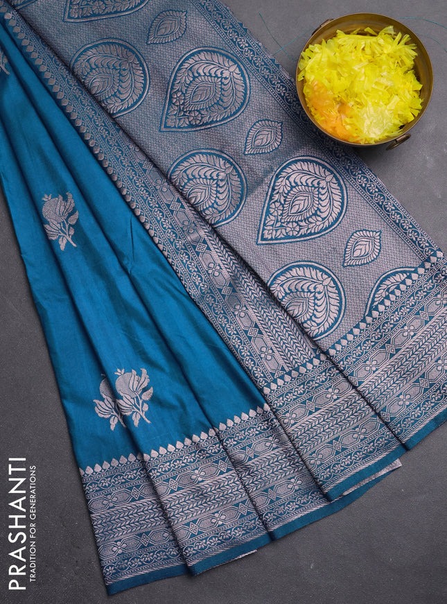 Semi soft silk saree cs blue with zari woven buttas and zari woven border