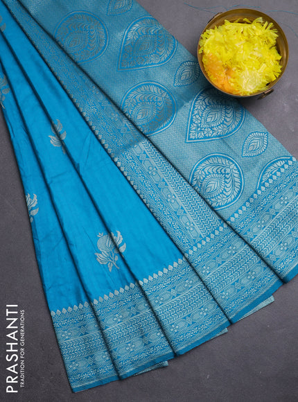 Semi soft silk saree teal blue shade with zari woven buttas and zari woven border