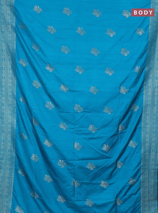 Semi soft silk saree teal blue shade with zari woven buttas and zari woven border