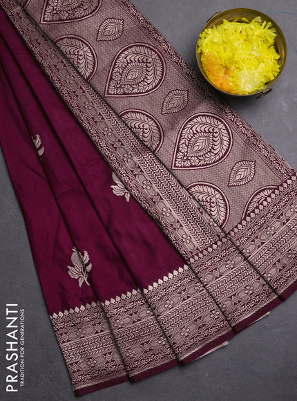Semi soft silk saree wine shade with zari woven buttas and zari woven border