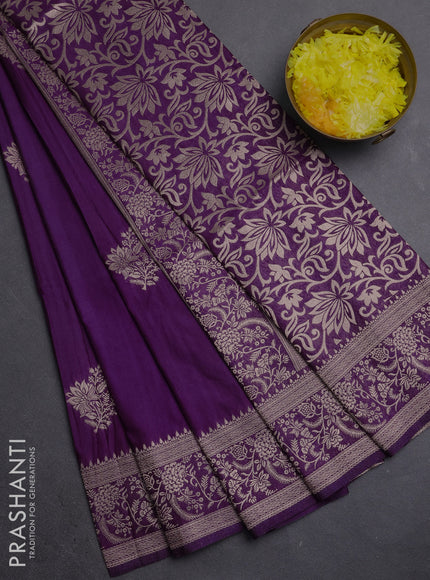 Semi soft silk saree purple with zari woven buttas and zari woven border