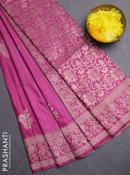 Semi soft silk saree magenta pink with zari woven buttas and zari woven border