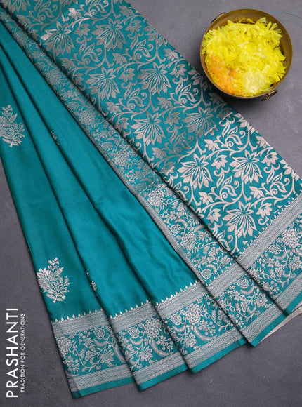 Semi soft silk saree teal blue with zari woven buttas and zari woven border