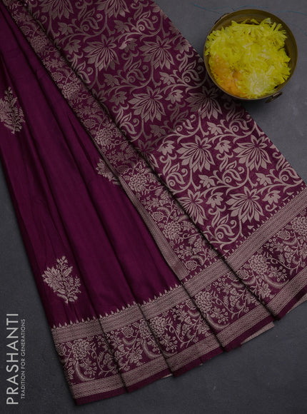 Semi soft silk saree wine shade with zari woven buttas and zari woven border