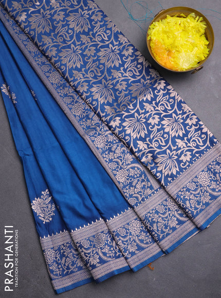 Semi soft silk saree peacock blue with zari woven buttas and zari woven border