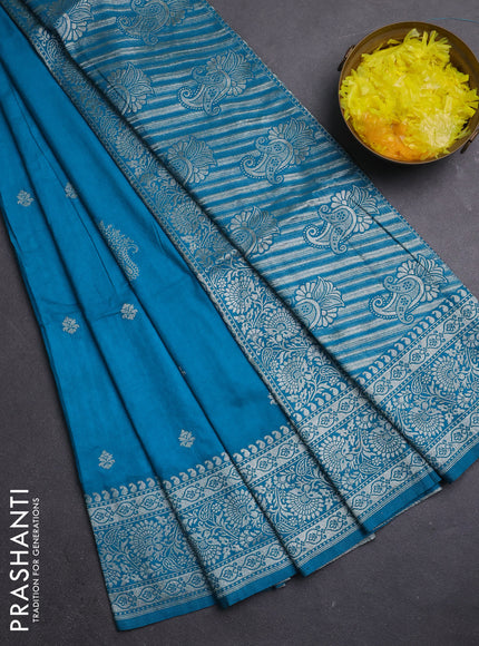 Semi soft silk saree cs blue with zari woven buttas and zari woven border