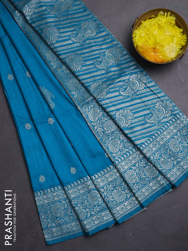 Semi soft silk saree cs blue with zari woven buttas and zari woven border
