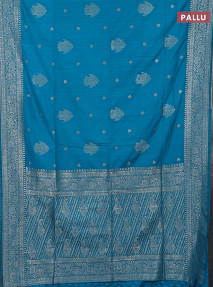 Semi soft silk saree cs blue with zari woven buttas and zari woven border