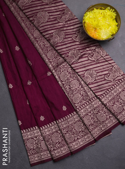 Semi soft silk saree deep wine shade with zari woven buttas and zari woven border