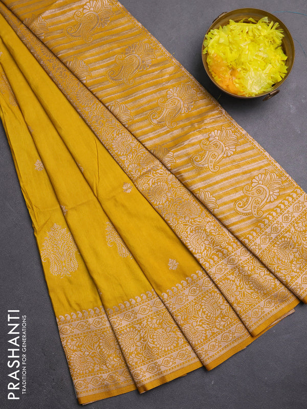 Semi soft silk saree mustard yellow with zari woven buttas and zari woven border