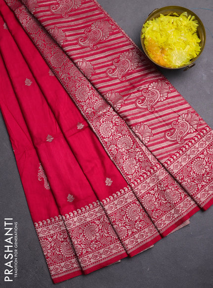 Semi soft silk saree dark pink with zari woven buttas and zari woven border