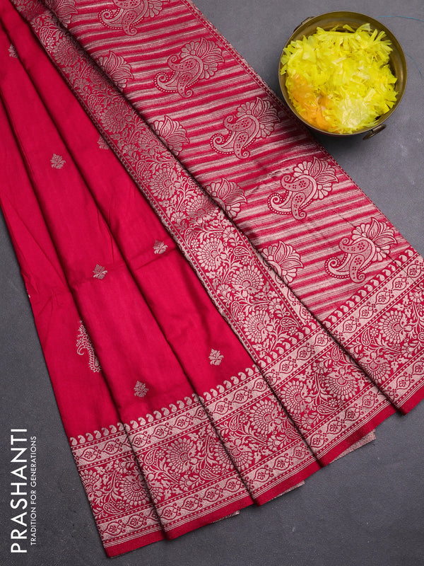 Semi soft silk saree dark pink with zari woven buttas and zari woven border