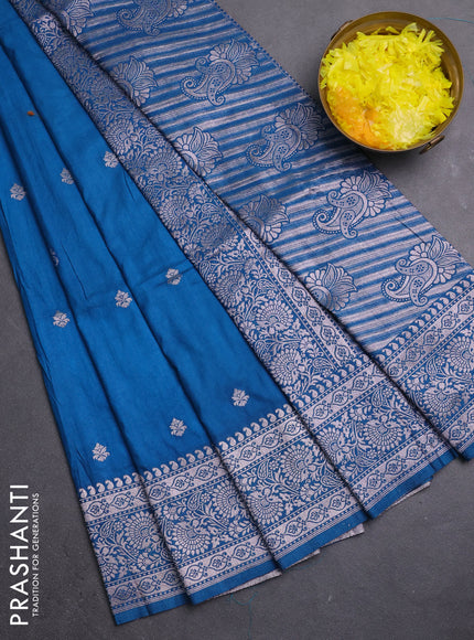 Semi soft silk saree peacock blue with zari woven buttas and zari woven border