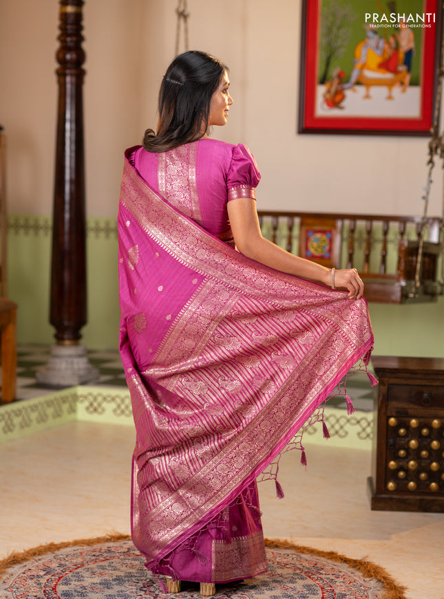 Semi soft silk saree pink with zari woven buttas and zari woven border