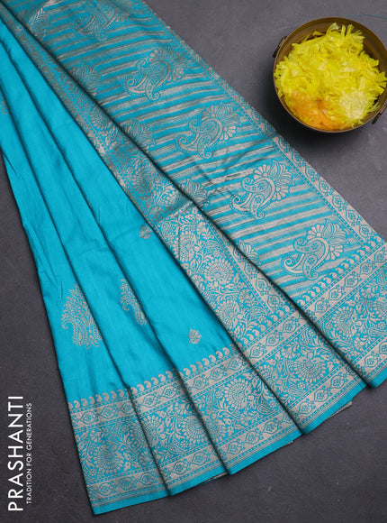 Semi soft silk saree teal blue with zari woven buttas and zari woven border