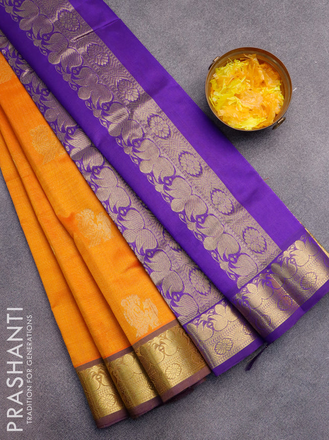 Blue raw mango silk saree with floral zari buttas, contrast border of meenakari zari floral designs & jaal pallu