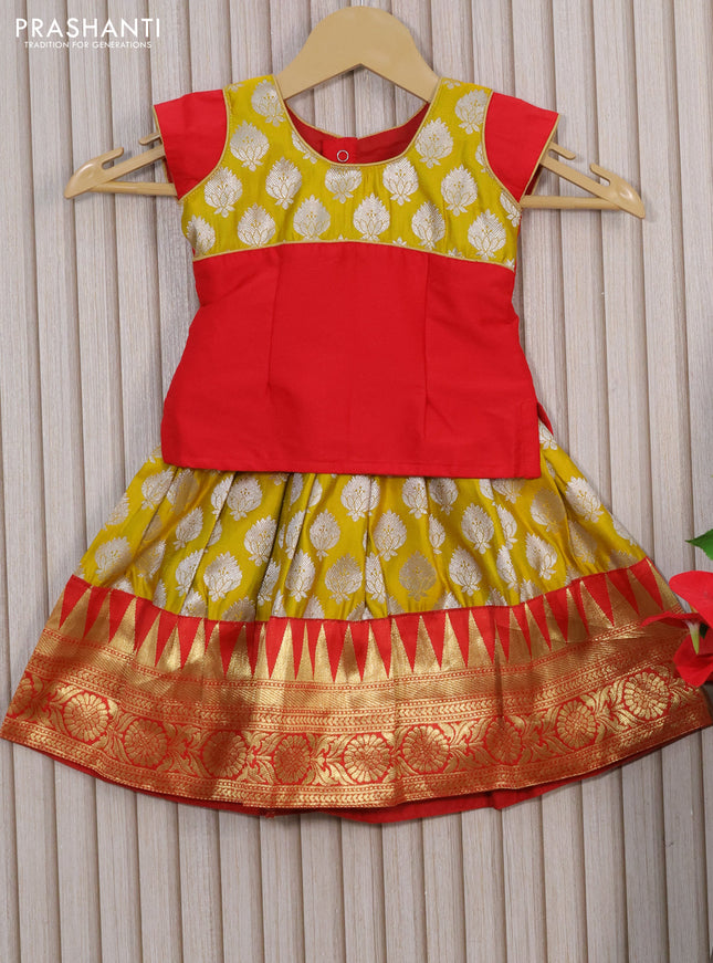 Banarasi kids lehenga red and yellow with patch work neck pattern and silver zari woven buttas & zari border for 0-6 months