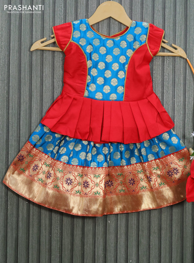 Banarasi kids lehenga red and cs blue with patch work neck pattern and zari buttas & zari woven border for 0-6 months