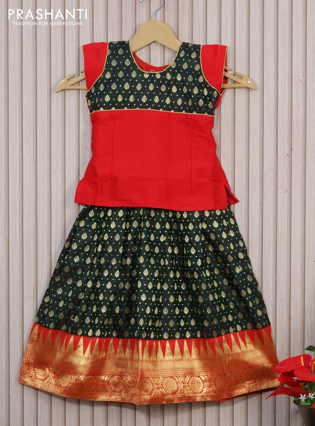 Banarasi kids lehenga red and dark bottle green with patch work neck pattern and zari woven buttas & zari border for 3 years