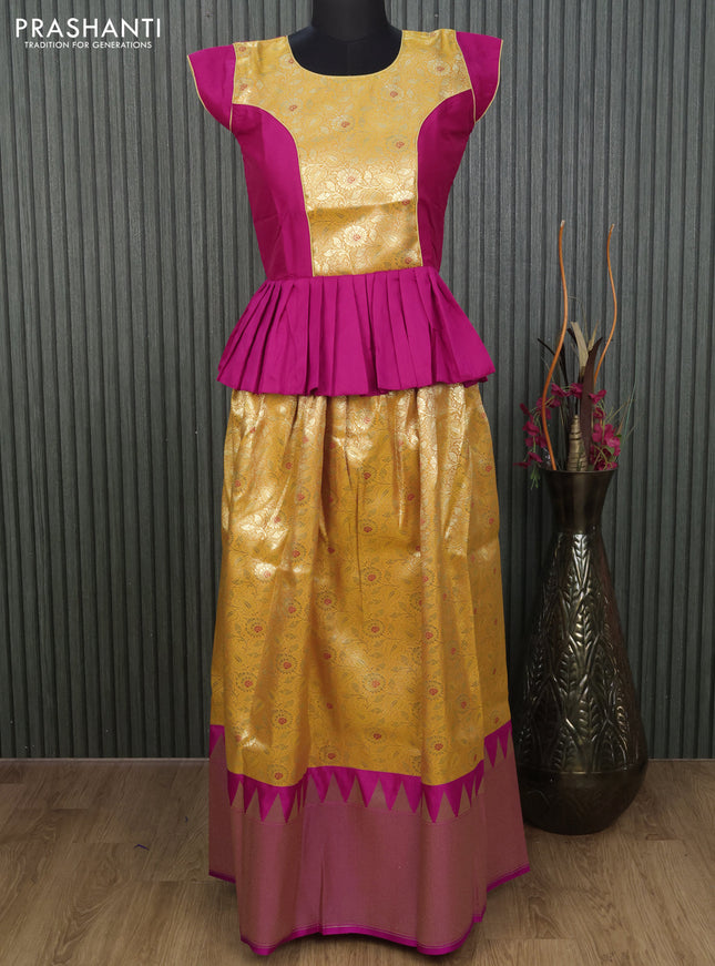 Banarasi kids lehenga pink and mango yellow with patch work neck pattern and zari weaves & long zari border for 13 years