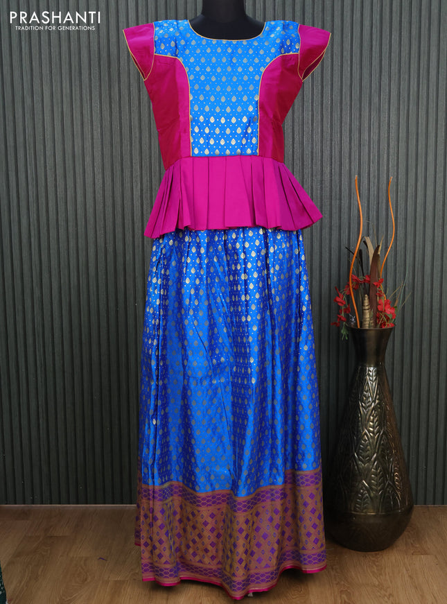 Banarasi kids lehenga magenta pink and cs blue with patch work neck pattern and zari buttas & long zari border for 16 years