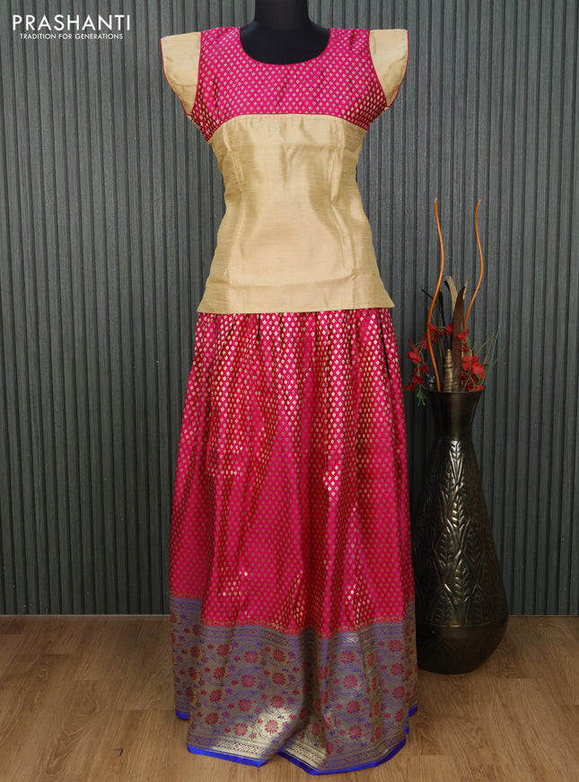 Banarasi kids lehenga sandal and pink blue with patch work neck pattern and silver zari woven butta weaves & long zari border for 16 years