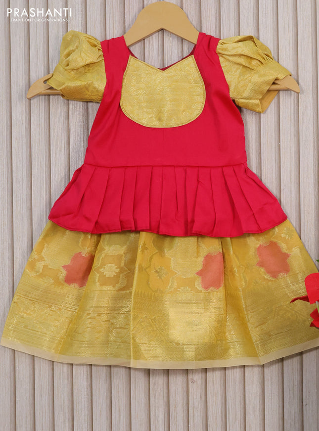 Kota kids lehenga pink and yellow with patch work neck pattern and zari woven border for 0-6 months