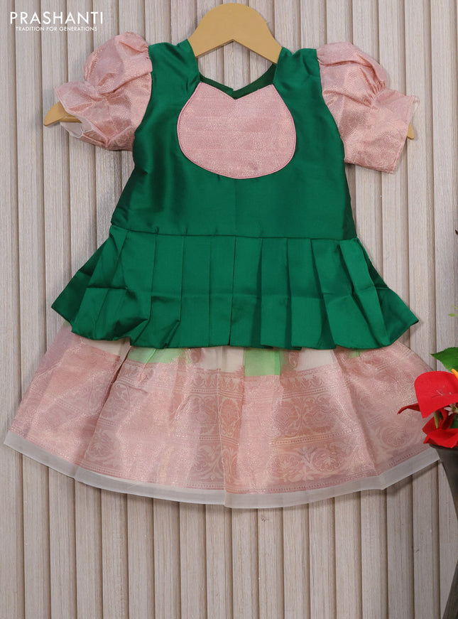 Kota kids lehenga dark green and off white with patch work neck pattern and zari woven border for 0-6 months