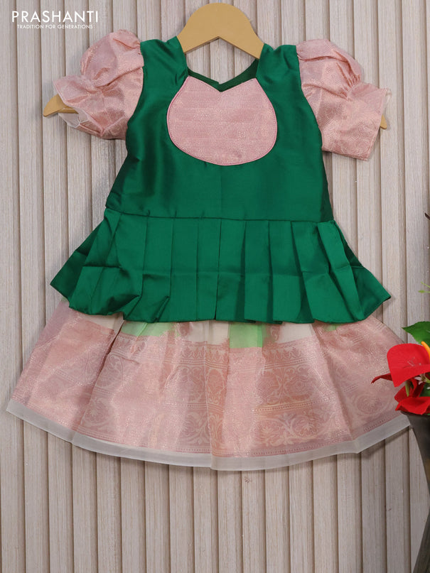 Kota kids lehenga dark green and off white with patch work neck pattern and zari woven border for 0-6 months