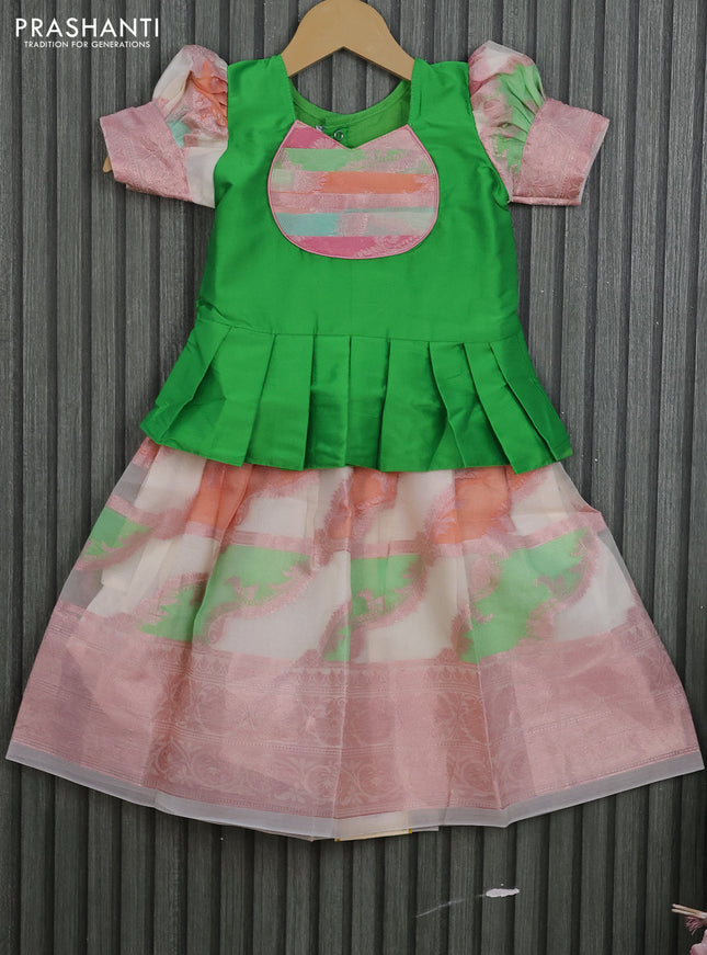 Kota kids lehenga light green and off white with patch work neck pattern and zari woven border for 2 years