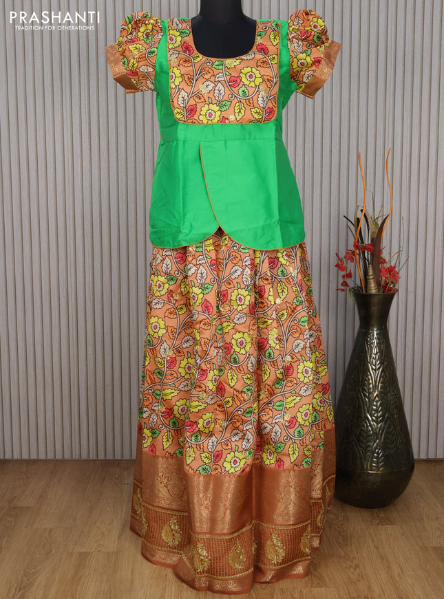 Banarasi kids lehenga green and orange shade with patch work neck pattern and kalamkari prints embroidery work & zari woven sequin work border for 16 years