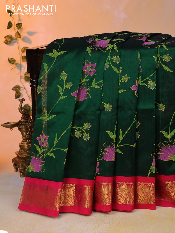 Silk cotton saree green and pink with allover pichwai prints and zari woven korvai border