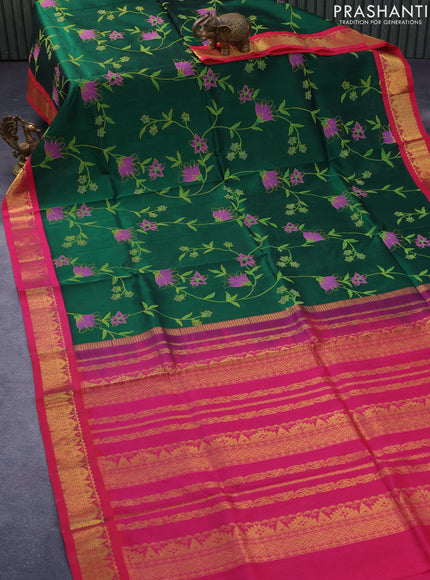 Silk cotton saree green and pink with allover pichwai prints and zari woven korvai border