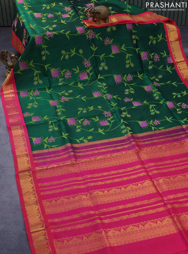 Silk cotton saree green and pink with allover pichwai prints and zari woven korvai border
