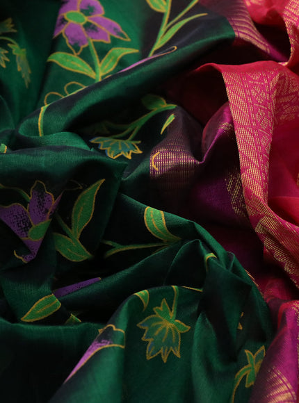 Silk cotton saree green and pink with allover pichwai prints and zari woven korvai border