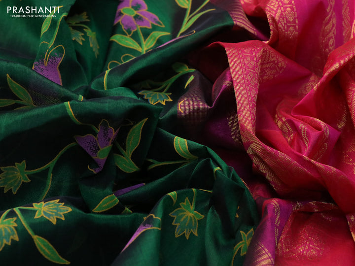 Silk cotton saree green and pink with allover pichwai prints and zari woven korvai border